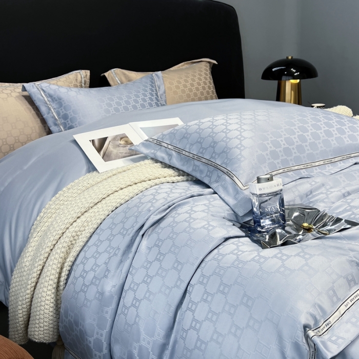 91家纺网 家纺一手货源 找家纺 优悦2023新款提花冰丝系列四件套 马俐亚-浅蓝