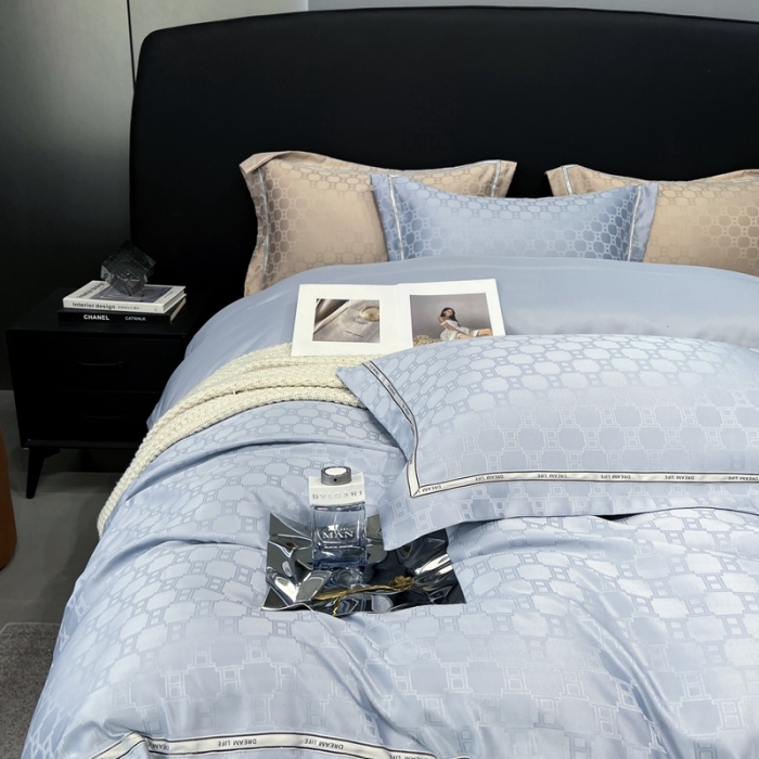 91家纺网 家纺一手货源 找家纺 优悦2023新款提花冰丝系列四件套 马俐亚-浅蓝