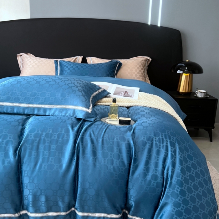 91家纺网 家纺一手货源 找家纺 优悦2023新款提花冰丝系列四件套 马俐亚-深蓝