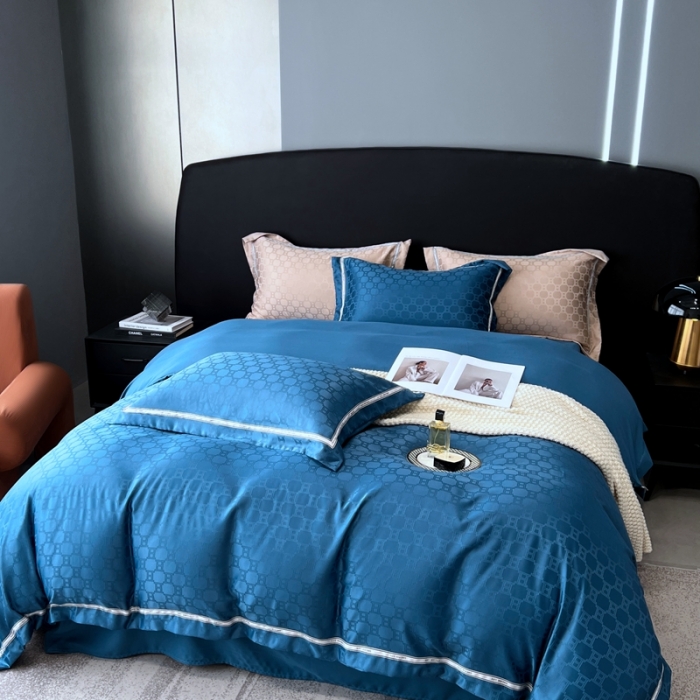 91家纺网 家纺一手货源 找家纺 优悦2023新款提花冰丝系列四件套 马俐亚-深蓝