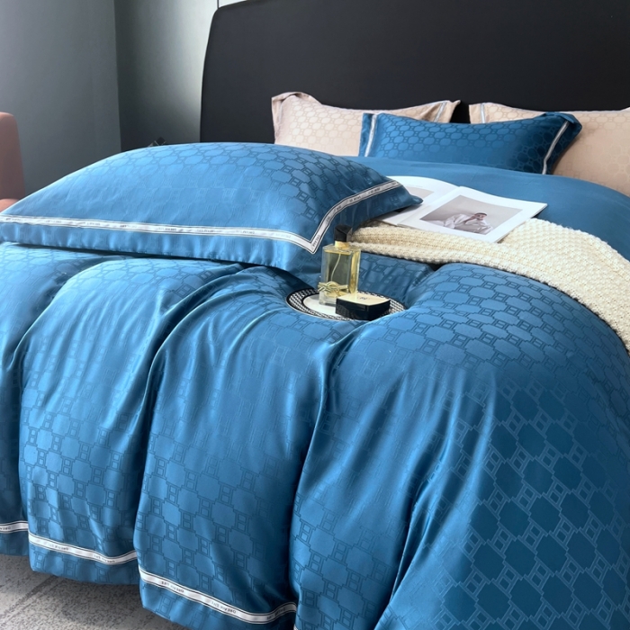 91家纺网 家纺一手货源 找家纺 优悦2023新款提花冰丝系列四件套 马俐亚-深蓝