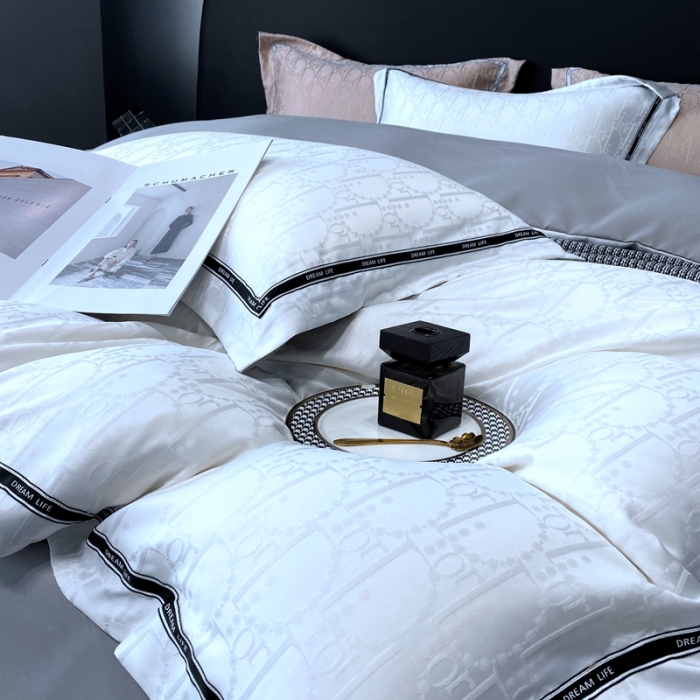 91家纺网 家纺一手货源 找家纺 优悦2023新款提花冰丝系列四件套 莫妮卡-白灰