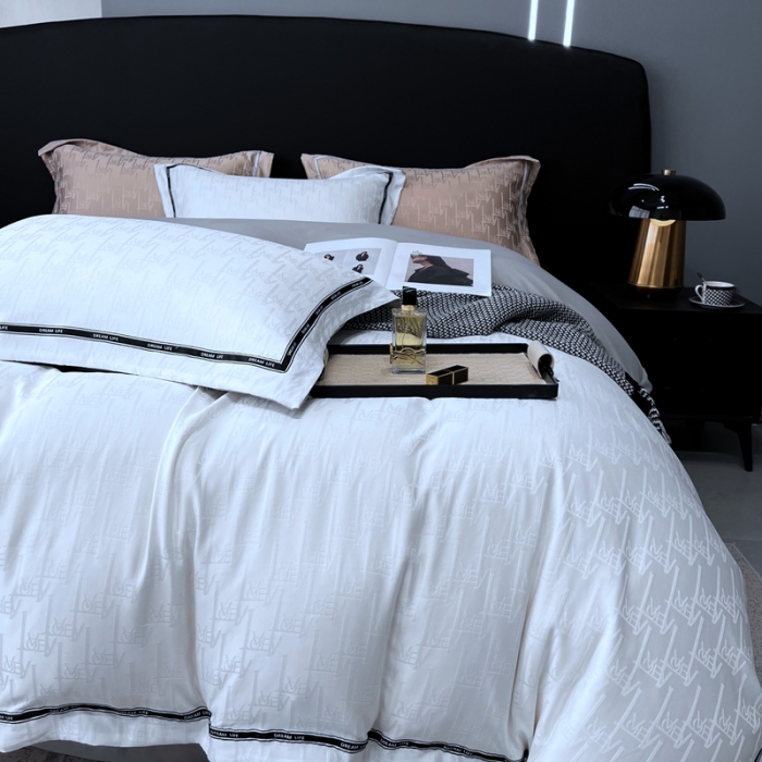 91家纺网 家纺一手货源 找家纺 优悦2023新款提花冰丝系列四件套 娜爱-白灰