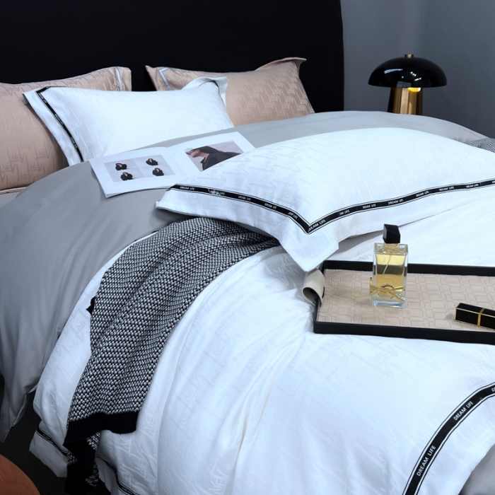 91家纺网 家纺一手货源 找家纺 优悦2023新款提花冰丝系列四件套 娜爱-白灰