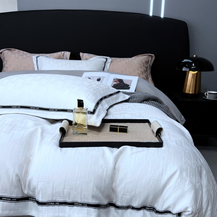 91家纺网 家纺一手货源 找家纺 优悦2023新款提花冰丝系列四件套 娜爱-白灰