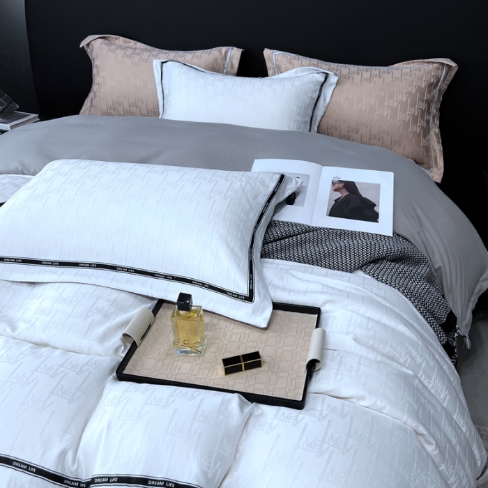 91家纺网 家纺一手货源 找家纺 优悦2023新款提花冰丝系列四件套 娜爱-白灰