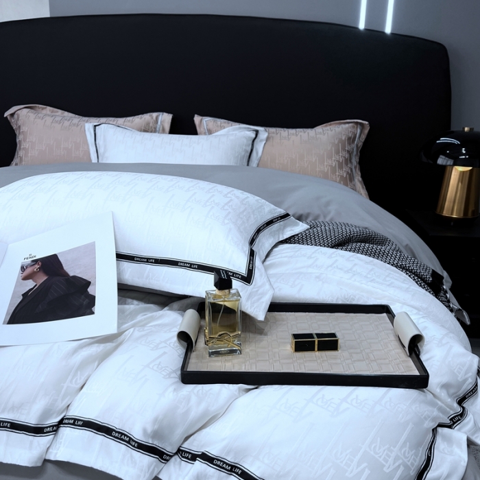 91家纺网 家纺一手货源 找家纺 优悦2023新款提花冰丝系列四件套 娜爱-白灰