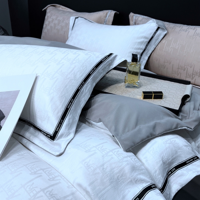 91家纺网 家纺一手货源 找家纺 优悦2023新款提花冰丝系列四件套 娜爱-白灰