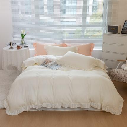 91家纺网 家纺一手货源 找家纺 品乐 2023新款纯色全棉缕空麻花水洗棉花边四件套 沉香-米白