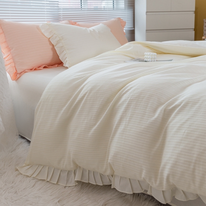 91家纺网 家纺一手货源 找家纺 品乐 2023新款纯色全棉缕空麻花水洗棉花边四件套 沉香-米白