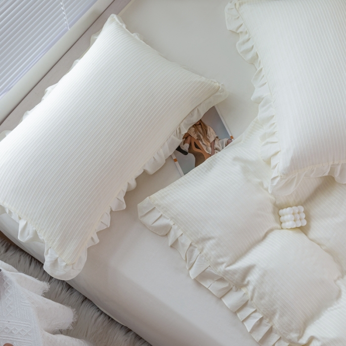 91家纺网 家纺一手货源 找家纺 品乐 2023新款纯色全棉缕空麻花水洗棉花边四件套 沉香-米白