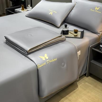 91家纺网 家纺一手货源 找家纺 佰亿莱 2024新款水洗天丝刺绣夏被及夏被四件套 深灰