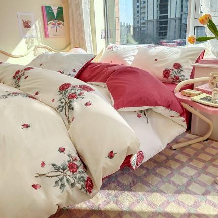 91家纺网 家纺一手货源 找家纺 瑞莱 2023新款全棉印花四件套-复古风 红玫瑰