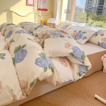 91家纺网 家纺一手货源 找家纺 瑞莱 2023新款全棉印花四件套-复古风 蓝色妖姬