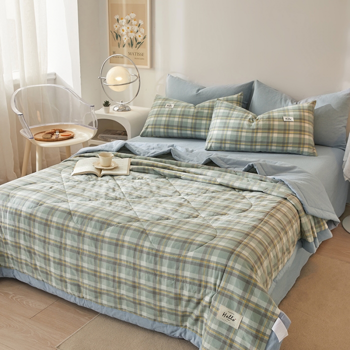 91家纺网 家纺一手货源 找家纺 恋人优选 2023新款A类全棉色织水洗棉夏被 莫妮绿