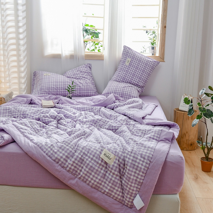 91家纺网 家纺一手货源 找家纺 恋人优选 2023新款A类全棉色织水洗棉夏被 彩虹紫小格