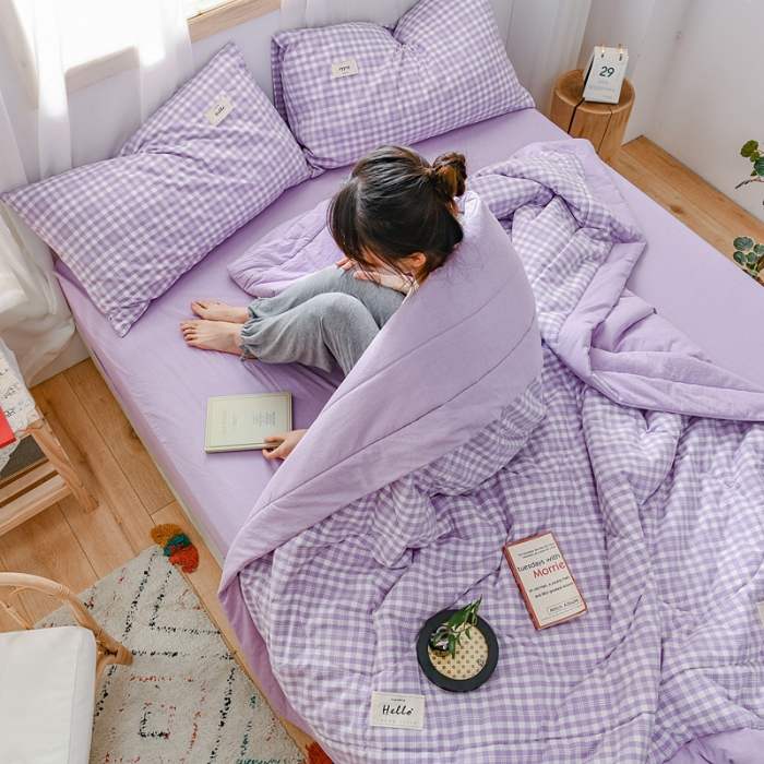 91家纺网 家纺一手货源 找家纺 恋人优选 2023新款A类全棉色织水洗棉夏被 彩虹紫小格