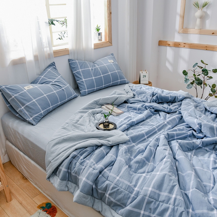 91家纺网 家纺一手货源 找家纺 恋人优选 2023新款A类全棉色织水洗棉夏被 海蓝格