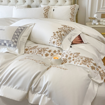 91家纺网 家纺一手货源 找家纺 100支长绒棉刺绣四件套全棉纯棉高精密绣花床笠纯色简约被套床单床上用品