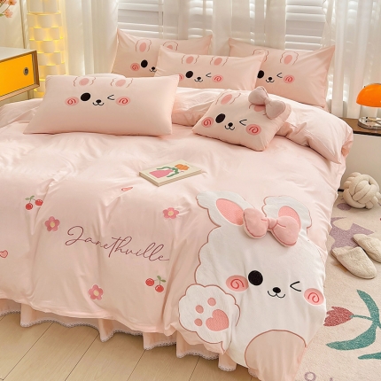 亲亲公主 2025新款全棉可爱卡通贴布绣四件套-可爱兔-粉（配蝴蝶结）