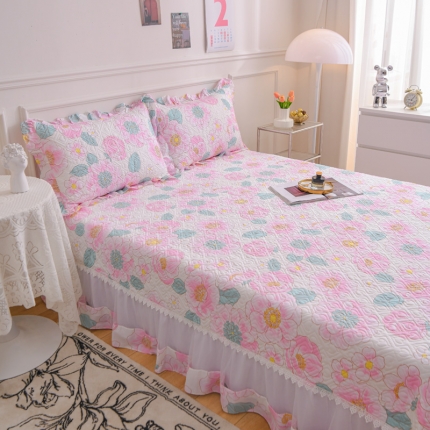 2025公主风全棉花边床盖四件套 欧根纱床盖款夹棉纯棉三件套直播推荐