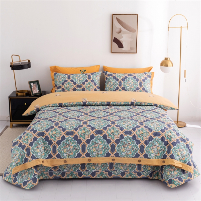 91家纺网 家纺一手货源 找家纺 优乐家纺 2023新款全棉印花绗绣2 四件套 时光印记-蓝