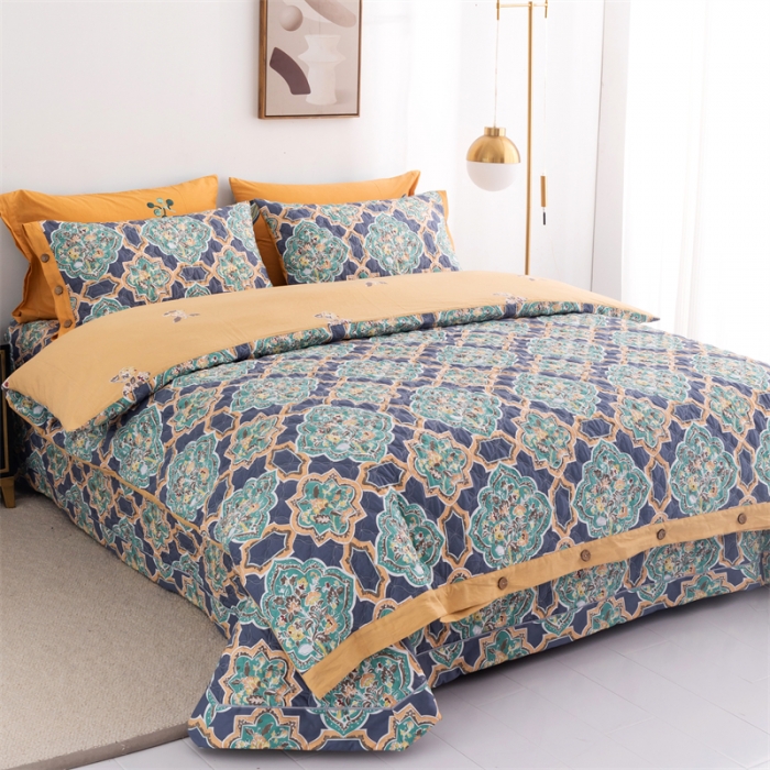 91家纺网 家纺一手货源 找家纺 优乐家纺 2023新款全棉印花绗绣2 四件套 时光印记-蓝