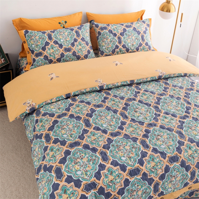 91家纺网 家纺一手货源 找家纺 优乐家纺 2023新款全棉印花绗绣2 四件套 时光印记-蓝