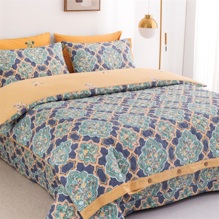 91家纺网 家纺一手货源 找家纺 优乐家纺 2023新款全棉印花绗绣2 四件套 时光印记-蓝