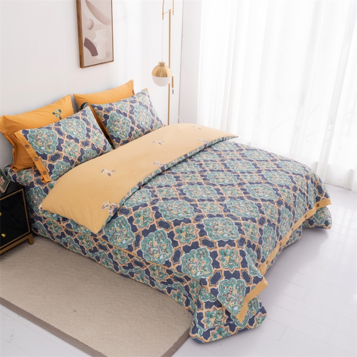 91家纺网 家纺一手货源 找家纺 优乐家纺 2023新款全棉印花绗绣2 四件套 时光印记-蓝