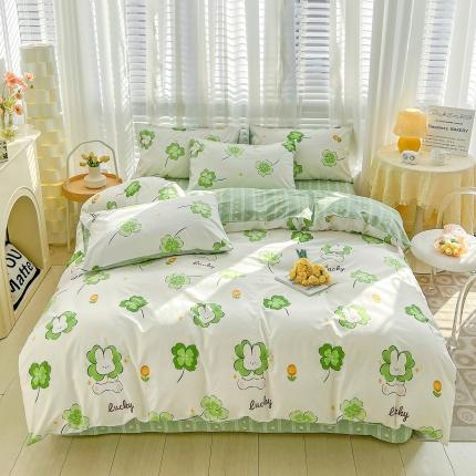 91家纺网 家纺一手货源 找家纺 坚果摄影 2023春夏小清新幸运草水洗棉四件套样片