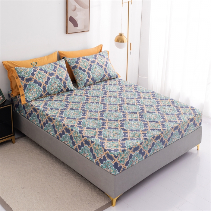 91家纺网 家纺一手货源 找家纺 优乐家纺 2023新款全棉印花绗绣系列2 单床笠 时光印记-蓝