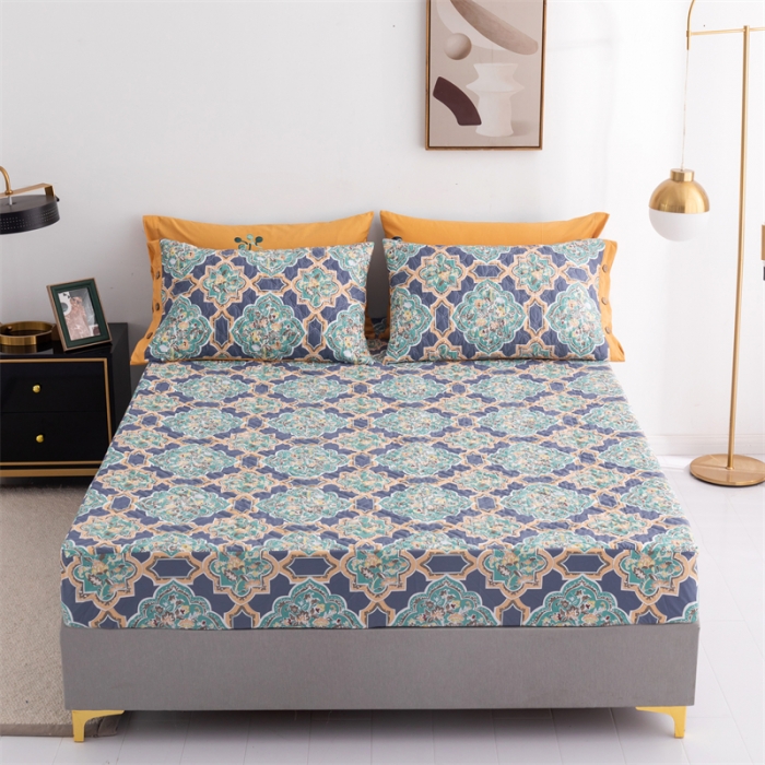 91家纺网 家纺一手货源 找家纺 优乐家纺 2023新款全棉印花绗绣系列2 单床笠 时光印记-蓝