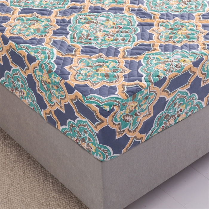 91家纺网 家纺一手货源 找家纺 优乐家纺 2023新款全棉印花绗绣系列2 单床笠 时光印记-蓝