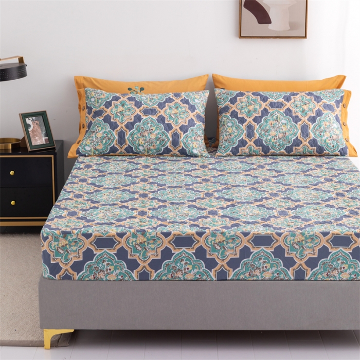 91家纺网 家纺一手货源 找家纺 优乐家纺 2023新款全棉印花绗绣系列2 单床笠 时光印记-蓝