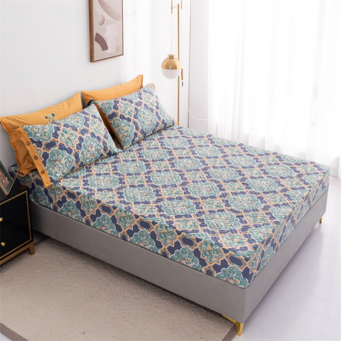 91家纺网 家纺一手货源 找家纺 优乐家纺 2023新款全棉印花绗绣系列2 单床笠 时光印记-蓝