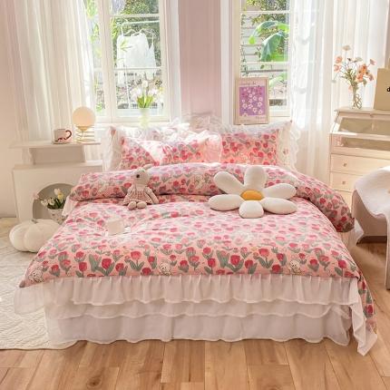 91家纺网 家纺一手货源 找家纺 （总）七七  2025新款13370印花全棉雪纺床裙款四件套