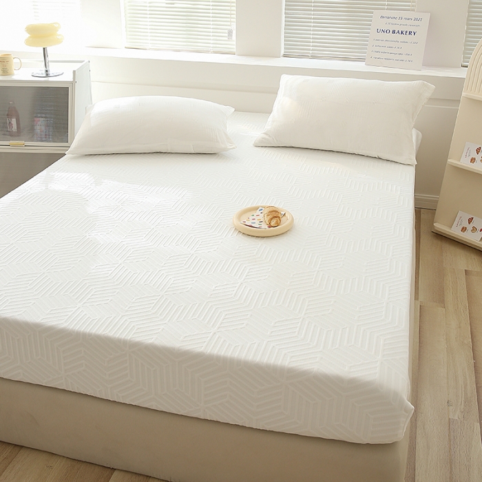 91家纺网 家纺一手货源 找家纺 凯美家居  2023针A类抗菌针织棉三层纱床笠床垫保护套 白色