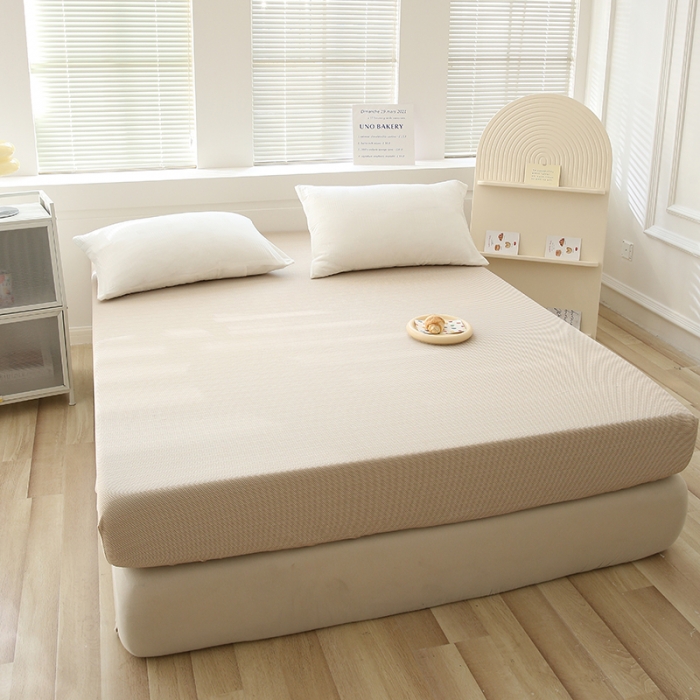 91家纺网 家纺一手货源 找家纺 凯美家居  2023针A类抗菌针织棉三层纱床笠床垫保护套 卡其