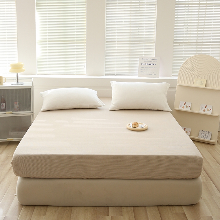 91家纺网 家纺一手货源 找家纺 凯美家居  2023针A类抗菌针织棉三层纱床笠床垫保护套 卡其