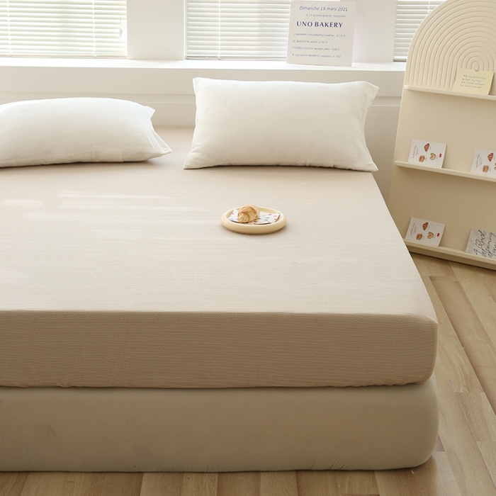 91家纺网 家纺一手货源 找家纺 凯美家居  2023针A类抗菌针织棉三层纱床笠床垫保护套 卡其