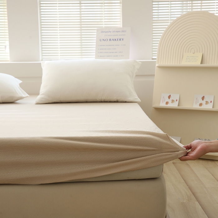 91家纺网 家纺一手货源 找家纺 凯美家居  2023针A类抗菌针织棉三层纱床笠床垫保护套 卡其