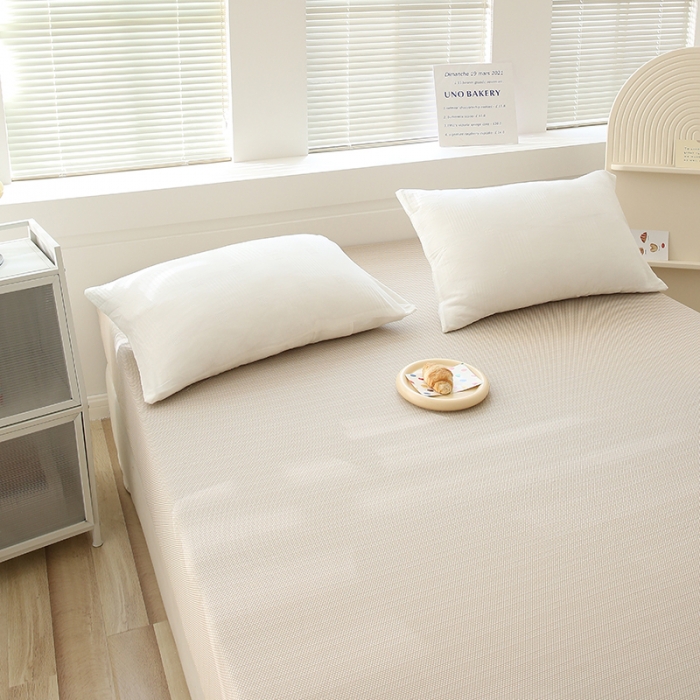 91家纺网 家纺一手货源 找家纺 凯美家居  2023针A类抗菌针织棉三层纱床笠床垫保护套 卡其