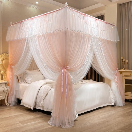 91家纺网 家纺一手货源 找家纺 宝莱利家纺 宫廷式落地双层防尘顶蚊帐 梦乡（升级25MM烤漆支架送风扇杆）