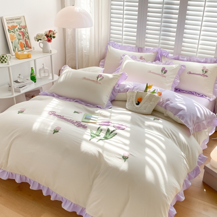 91家纺网 家纺一手货源 找家纺 （总）易禾家纺 2024新款水洗亲肤棉毛巾绣四件套-郁金香