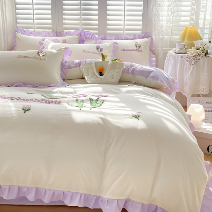 91家纺网 家纺一手货源 找家纺 （总）易禾家纺 2024新款水洗亲肤棉毛巾绣四件套-郁金香