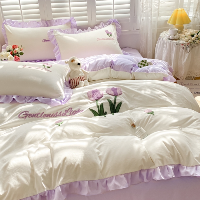 91家纺网 家纺一手货源 找家纺 （总）易禾家纺 2024新款水洗亲肤棉毛巾绣四件套-郁金香