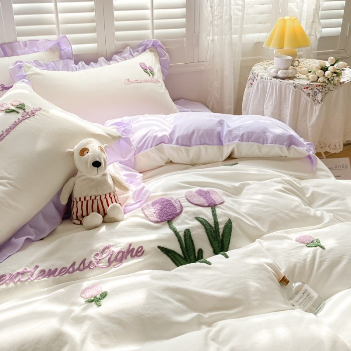 91家纺网 家纺一手货源 找家纺 （总）易禾家纺 2024新款水洗亲肤棉毛巾绣四件套-郁金香