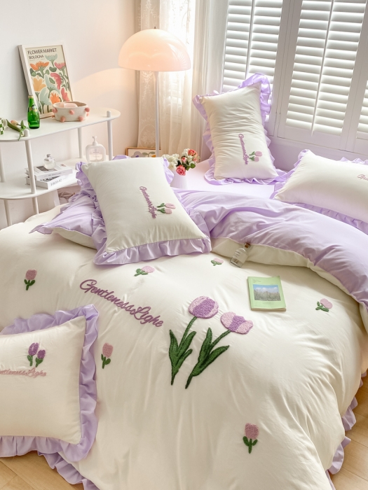 91家纺网 家纺一手货源 找家纺 （总）易禾家纺 2024新款水洗亲肤棉毛巾绣四件套-郁金香