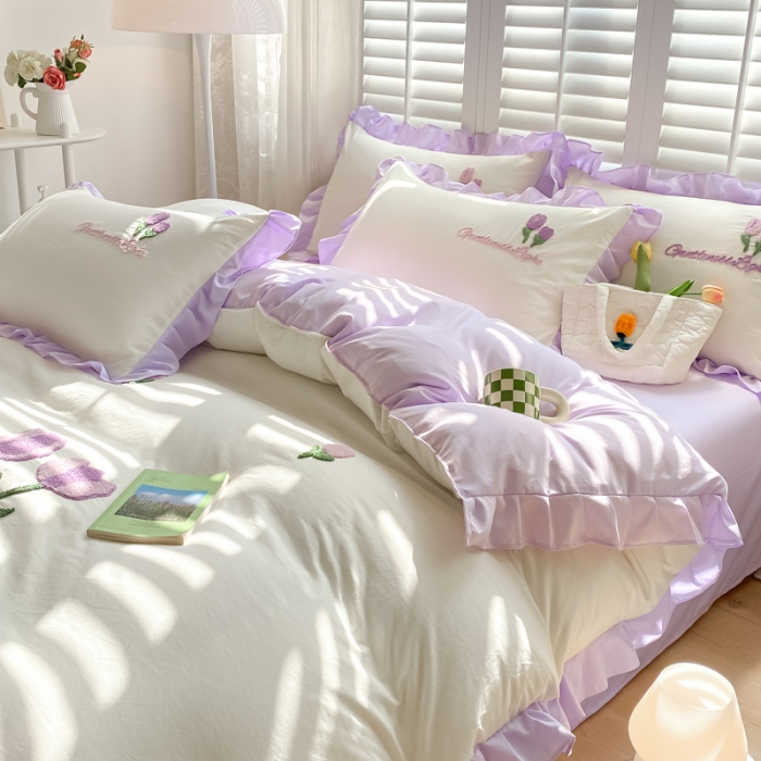 91家纺网 家纺一手货源 找家纺 （总）易禾家纺 2024新款水洗亲肤棉毛巾绣四件套-郁金香